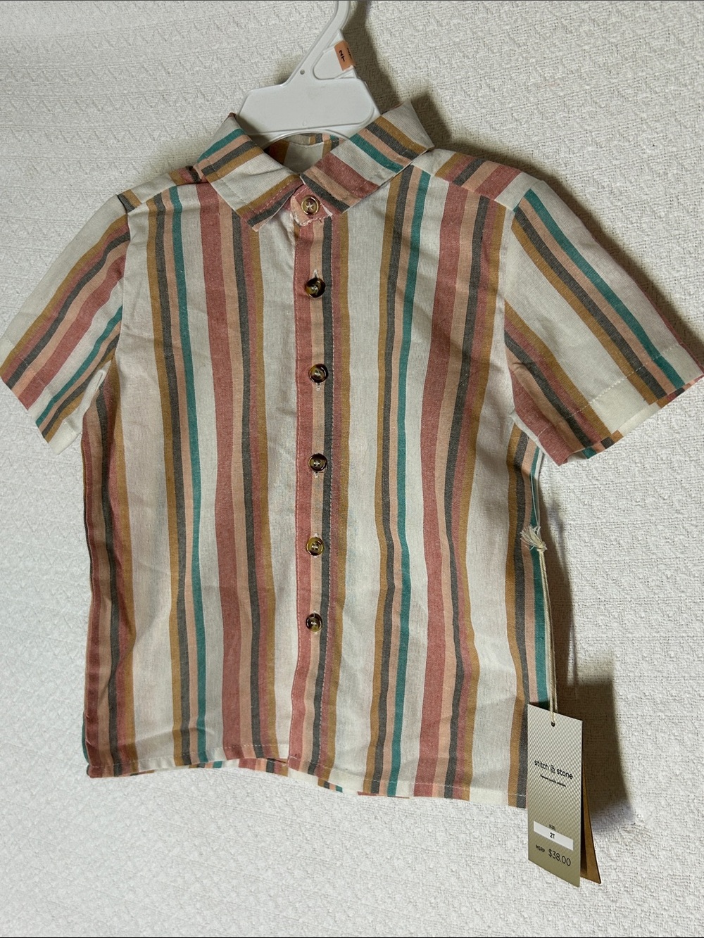 Kids “Stitch & Stone” Short-Sleeve Button-Down Shirt in Cream with Multi Stripes